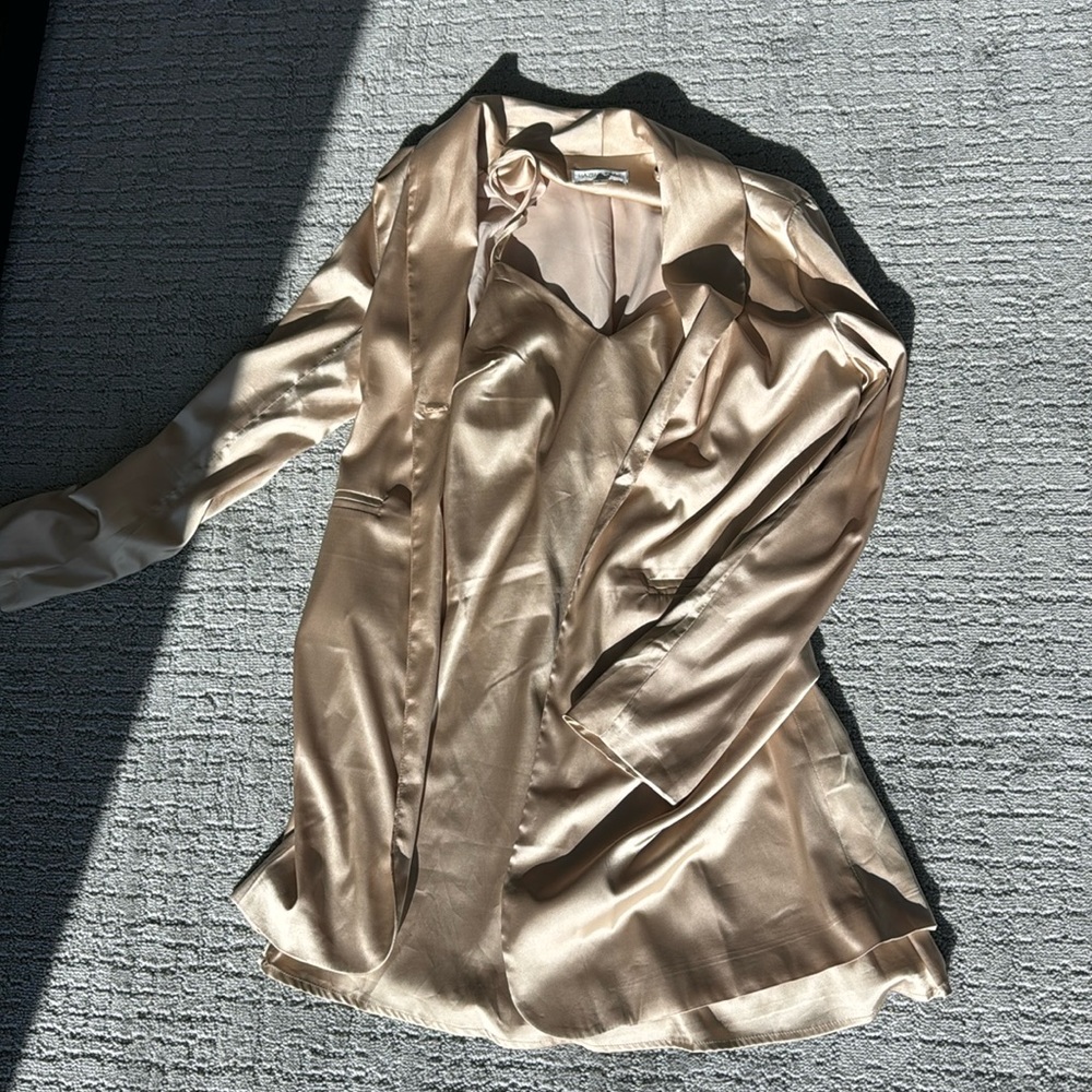 Hazel and Olive satin champagne dress and blazer set